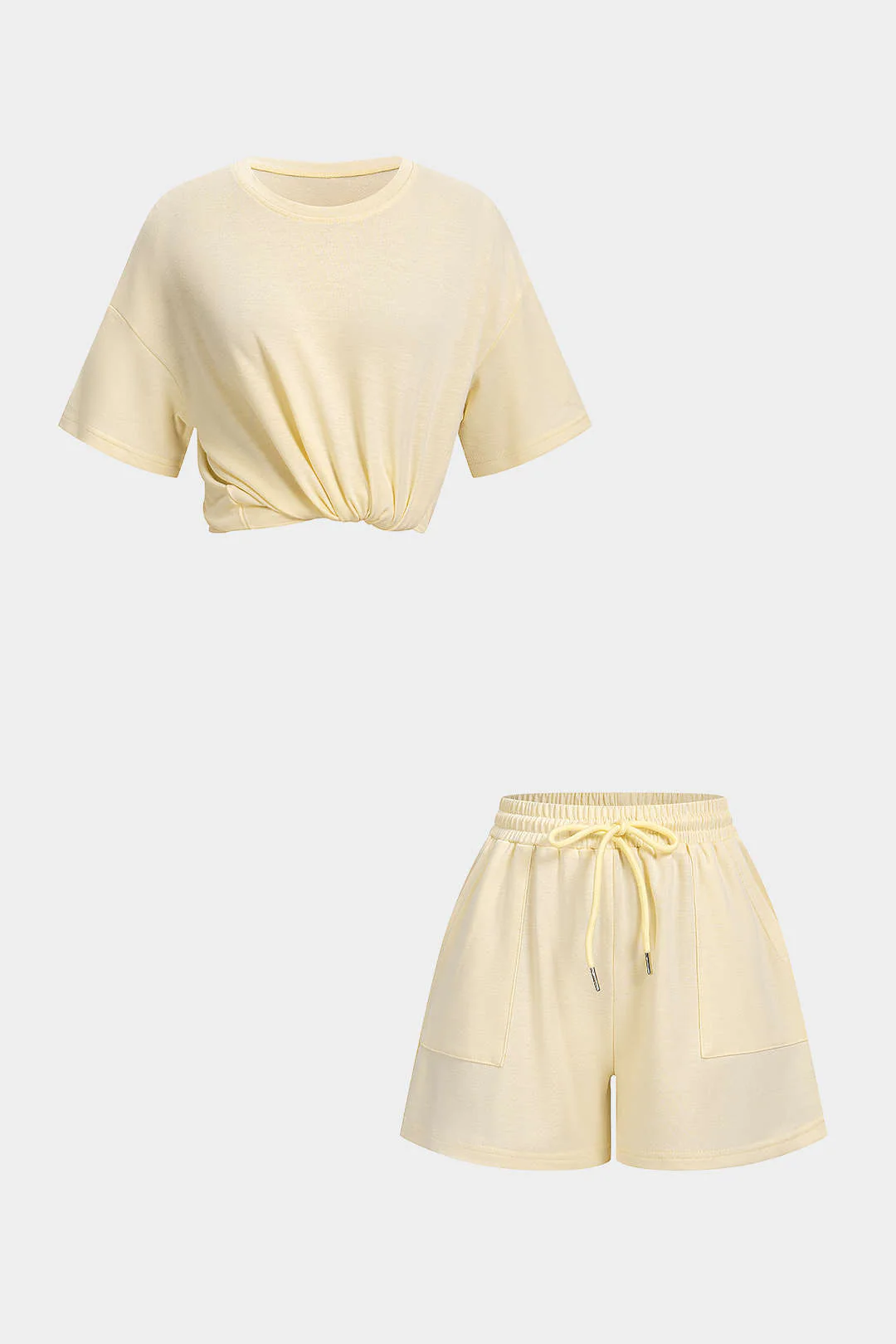 Solid Round Neck Top And Drawstring Shorts Set - Flockneti