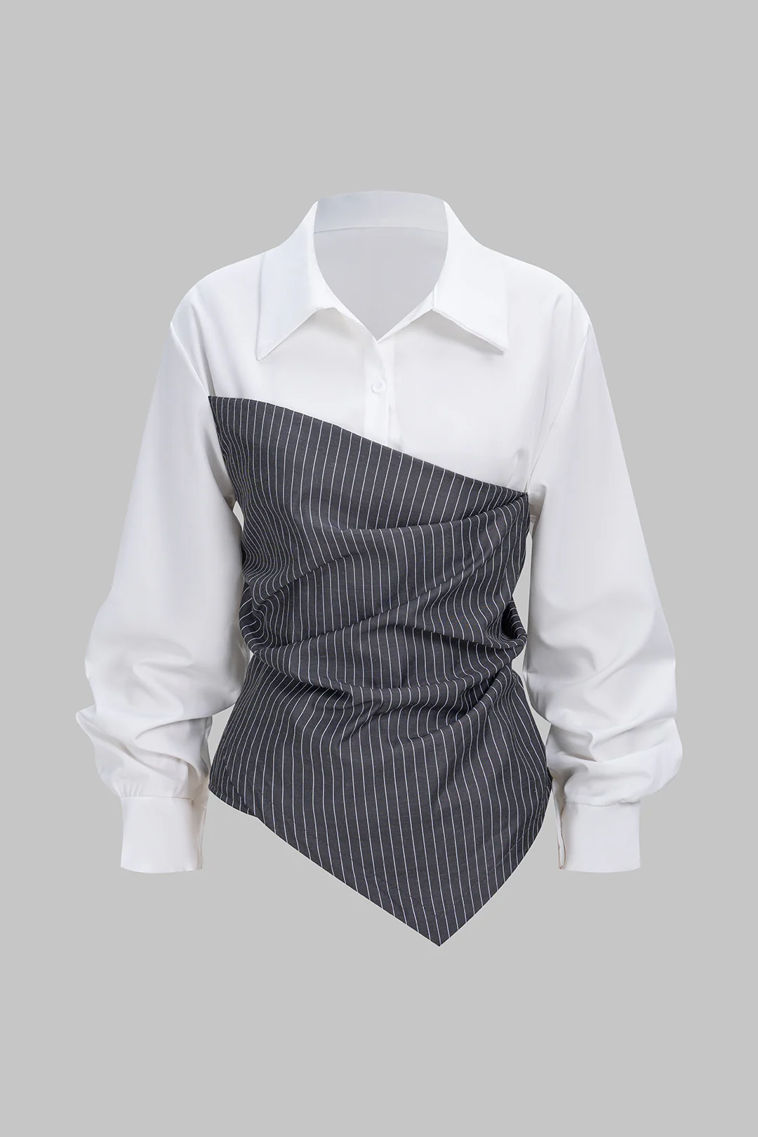 Stripes Print Patchwork Asymmetrical Ruched Long-Sleeve Shirt - Flockneti