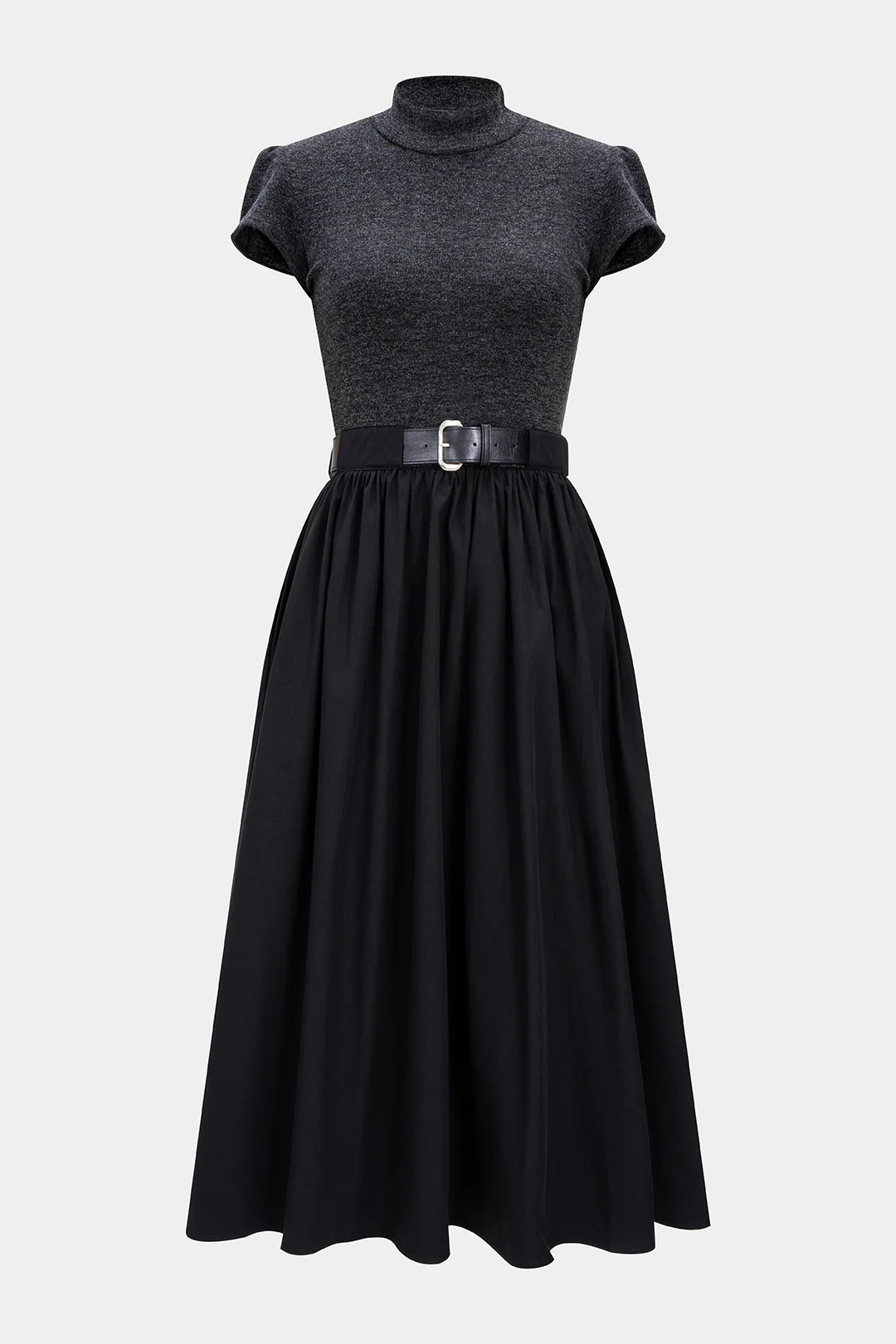 Mock Neck Patchwork Belted Short Sleeve Midi Dress - Flockneti