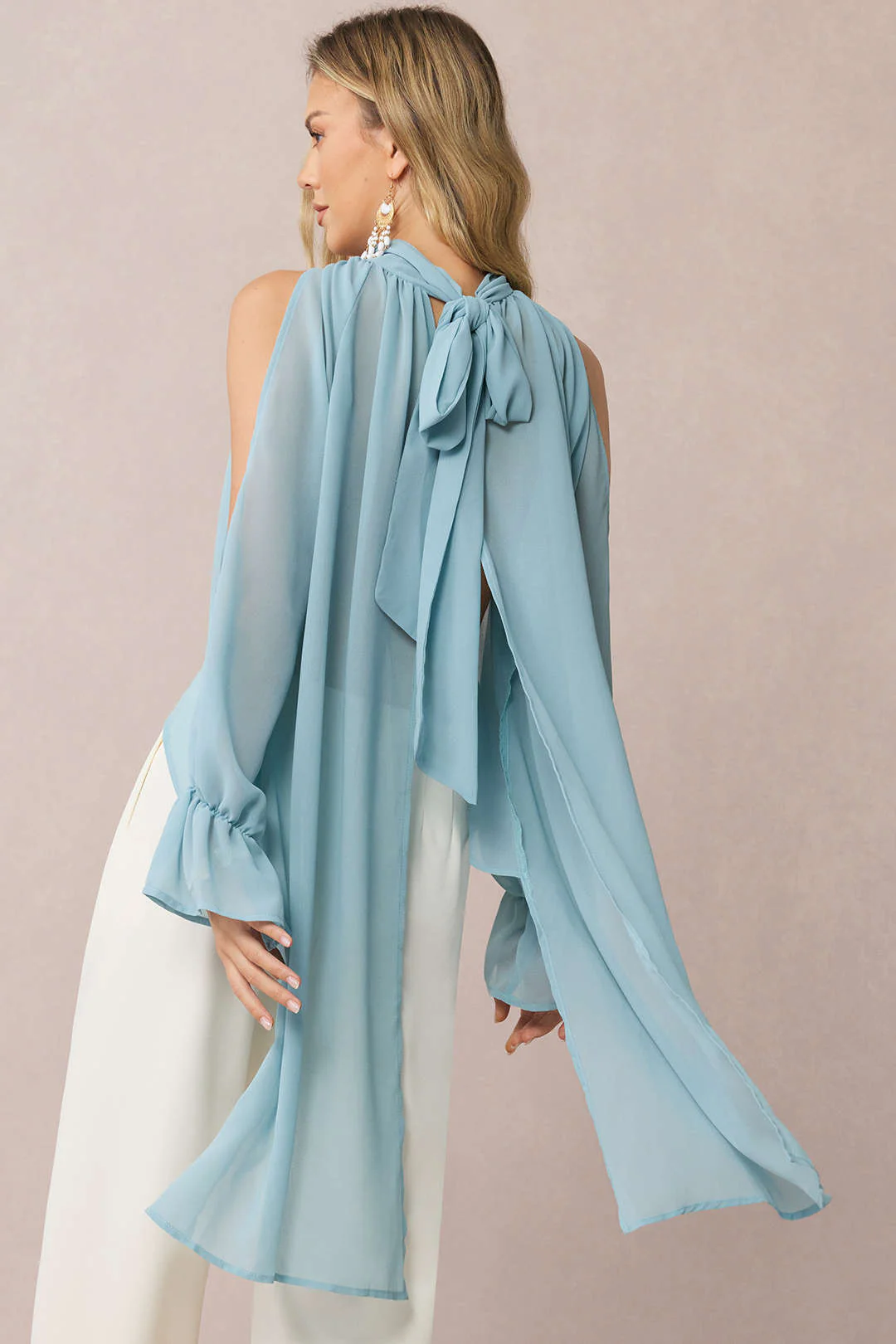 Chiffon Halter Neck Tie Back Cut Out Ruched Long-Sleeve Shirt - Flockneti