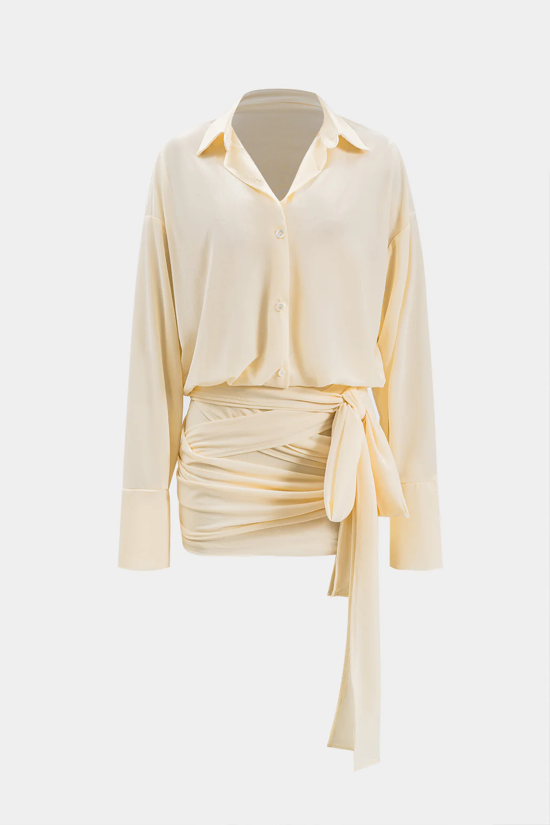 Ruched Tie Knot Button Long Sleeve Mini Dress - Flockneti