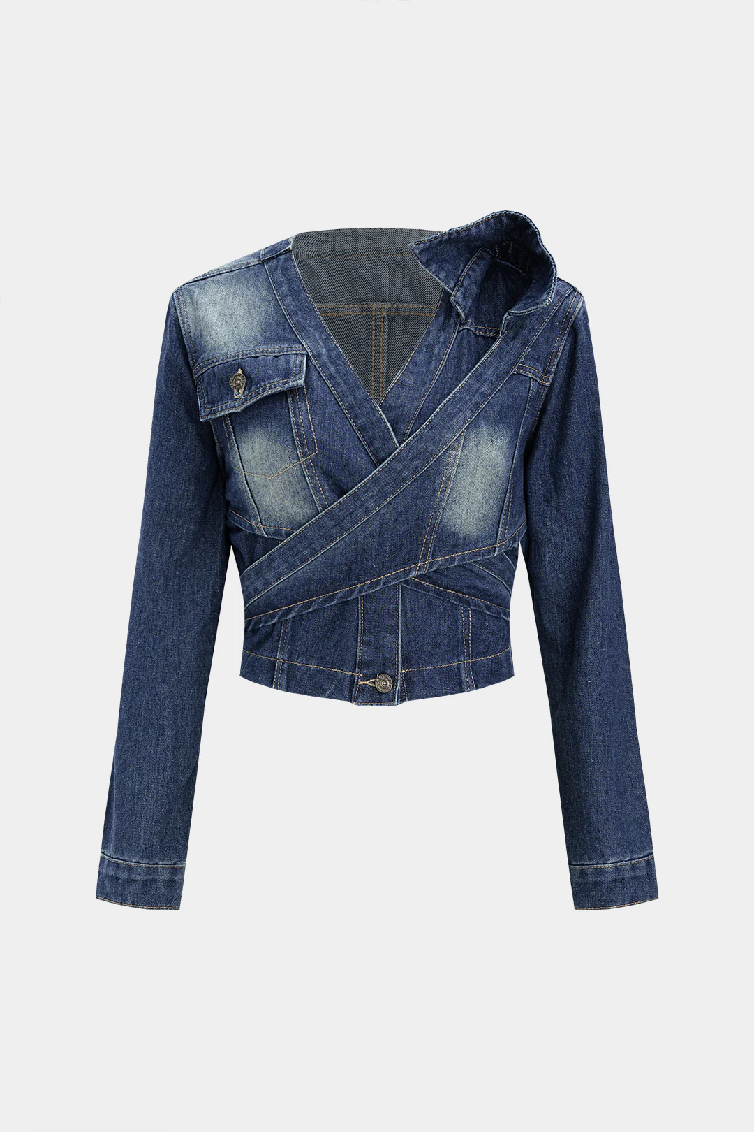 Denim Crossed Tie-Back Asymmetrical Outerwear - Flockneti