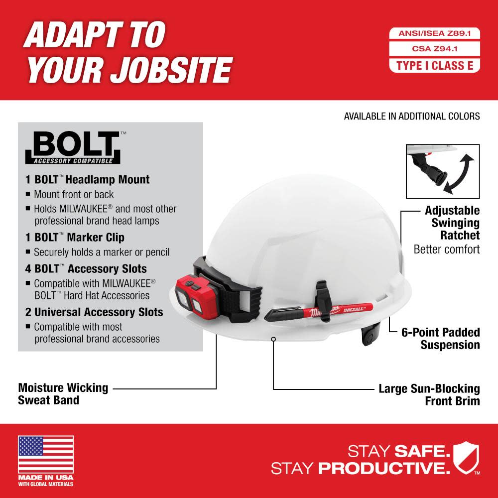 Milwaukee Yellow Front Brim Hard Hat with 6pt Ratcheting Suspension Type 1 Class E - Flockneti