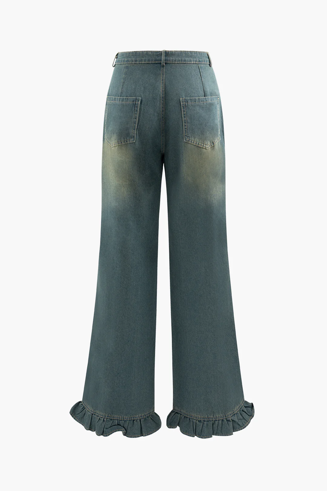 Denim Ruffle Hem Ruched Straight Wide-Leg Long Jeans - Flockneti