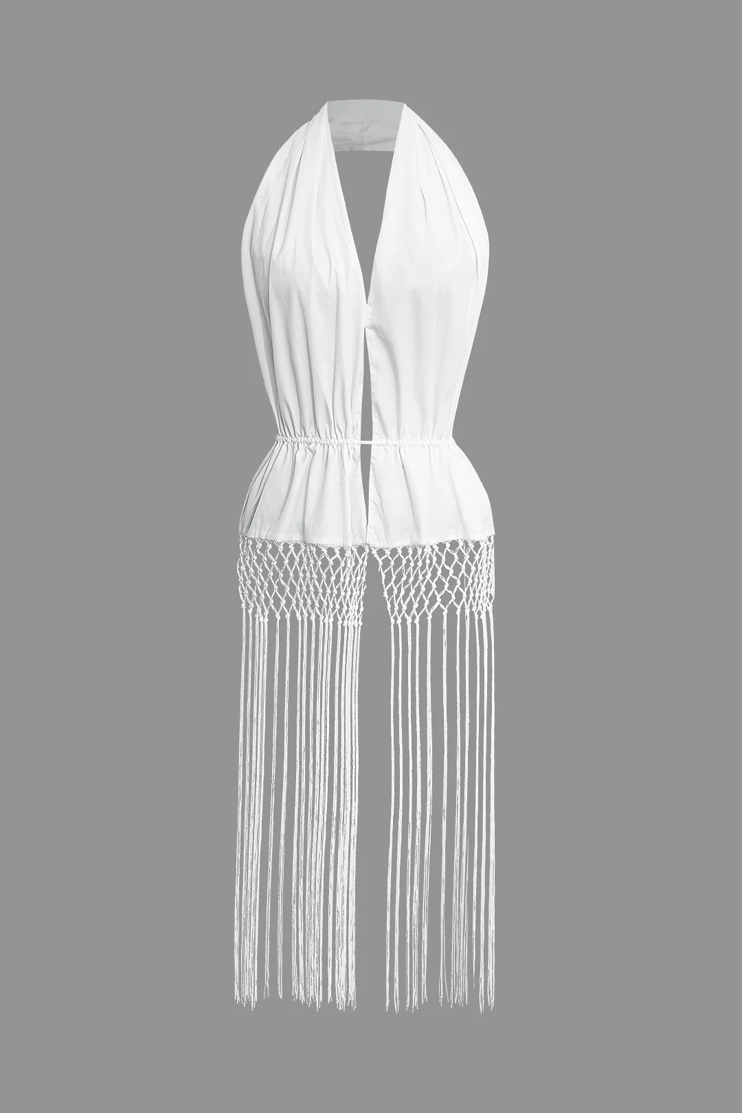 Halter Neck Tie Up Fringe Hem Backless Tank Top - Flockneti