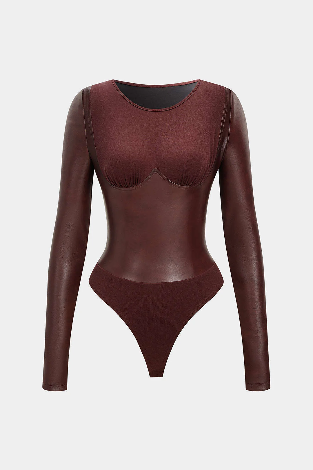 Faux Leather Patchwork Round Neck Long Sleeve Bodysuit - Flockneti
