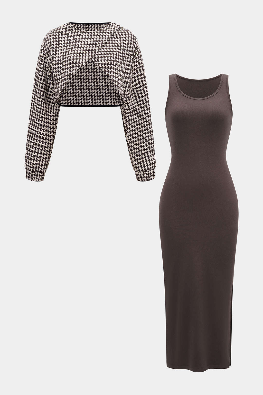 Asymmetrical Long Sleeve Top And Sleeveless Bodycon Dress Set - Flockneti