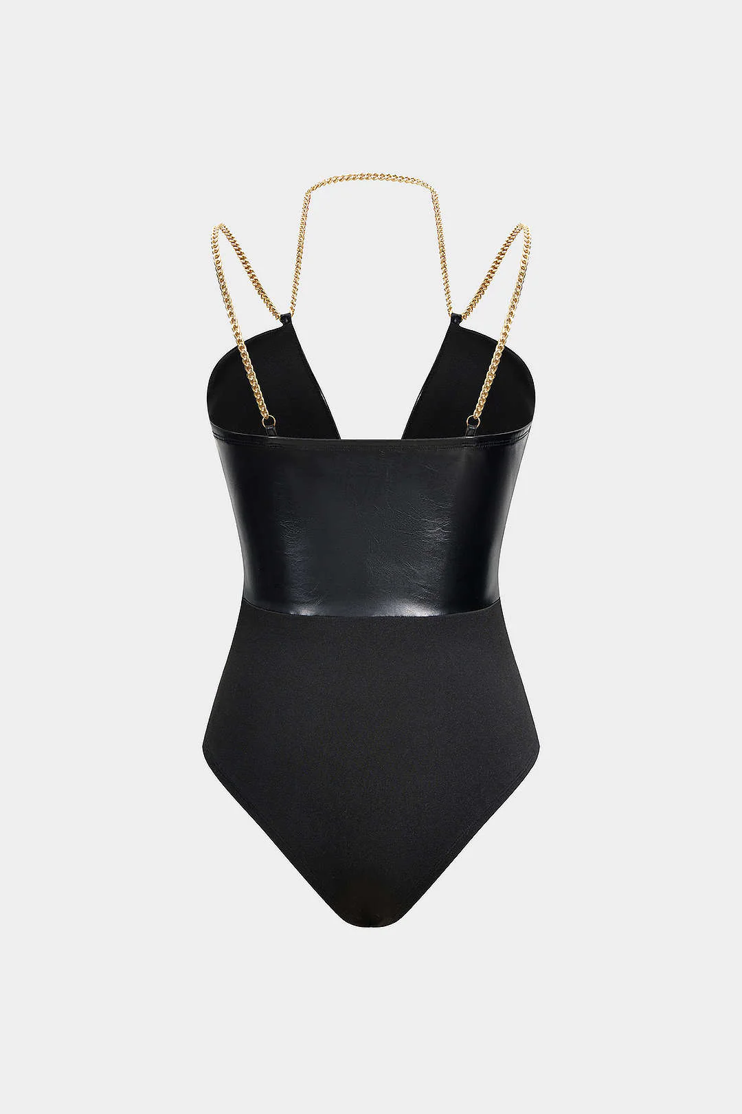 Faux Leather Chain Patchwork Sleeveless V-Neck Bodysuit - Flockneti