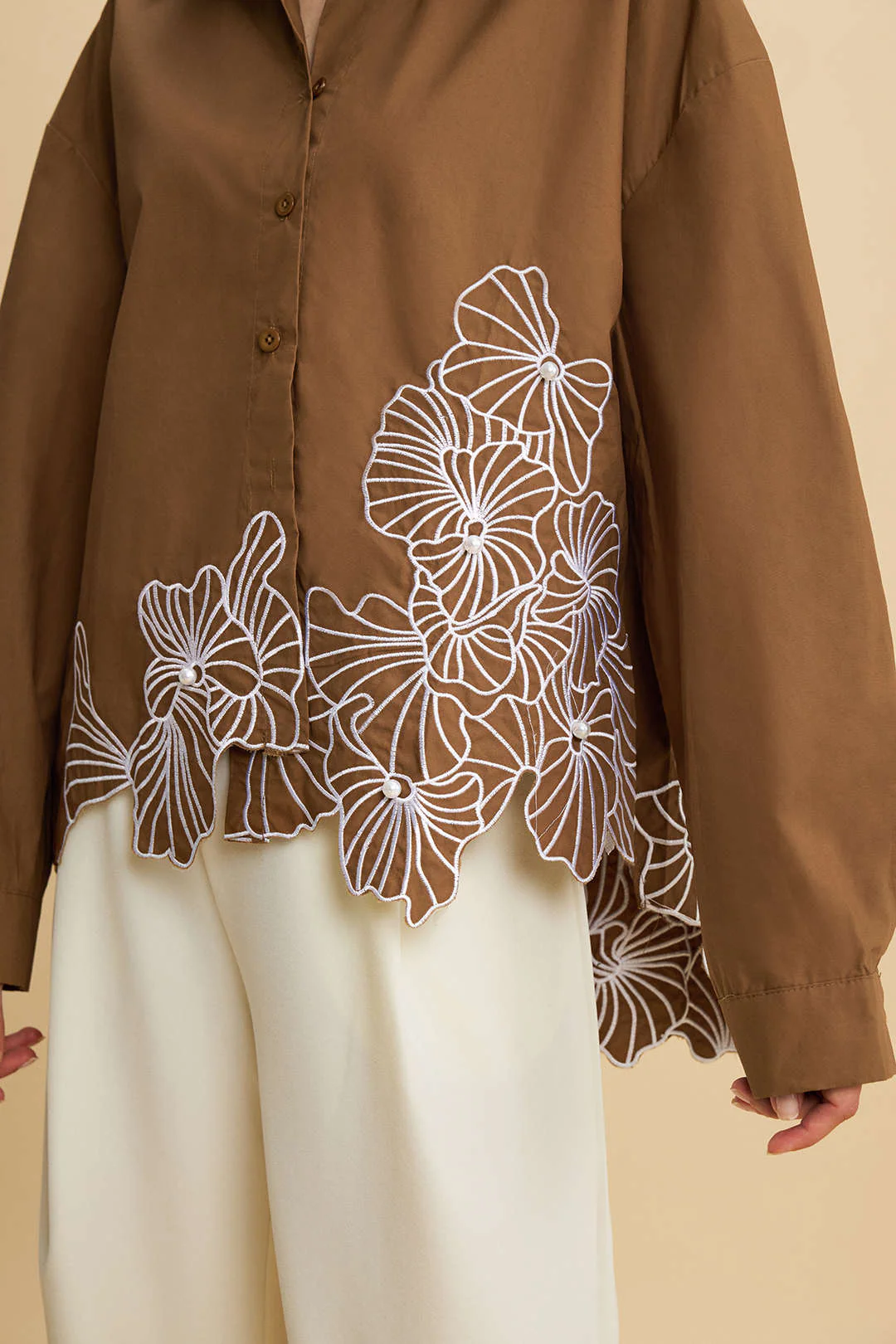 Asymmetrical Embroidery Button Long-Sleeve Shirt - Flockneti