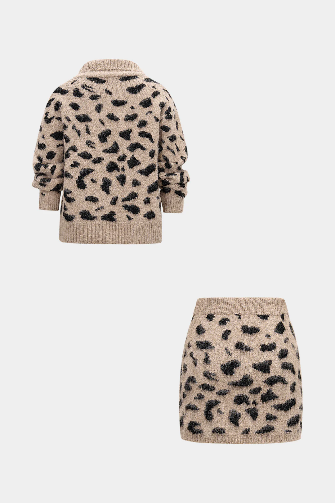 Knit Leopard Print Button Cardigan And Mini Skirt Set - Flockneti