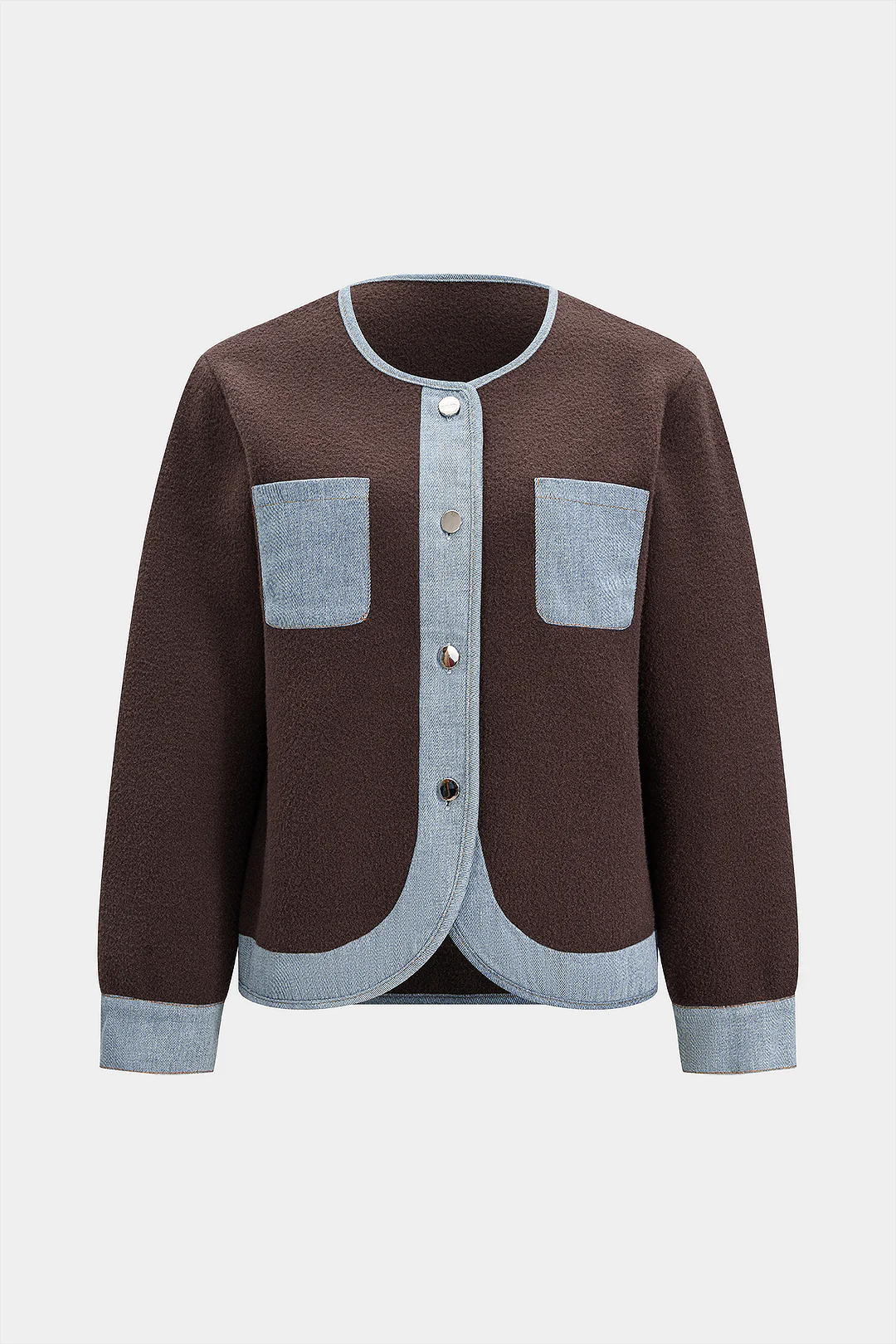 Knit Denim Patchwork Round Neck Cardigan - Flockneti
