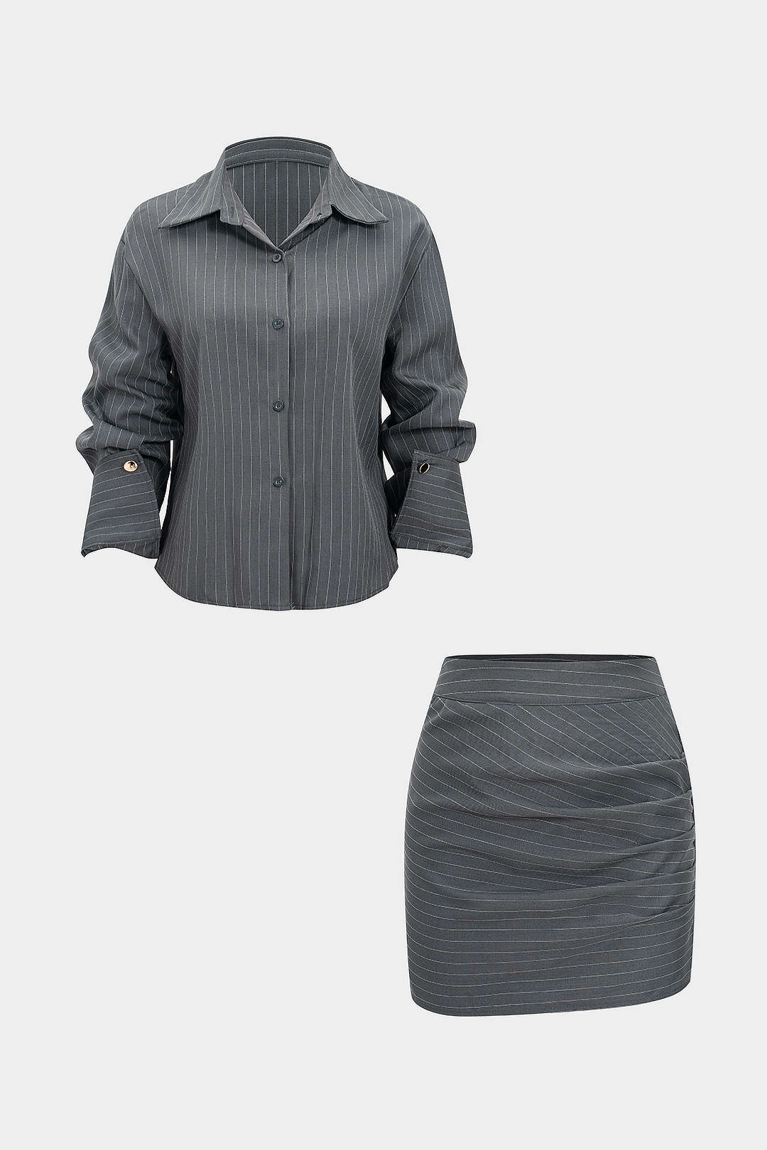 Stripes Print Button Long-Sleeve And Ruched Mini Skirt Set - Flockneti
