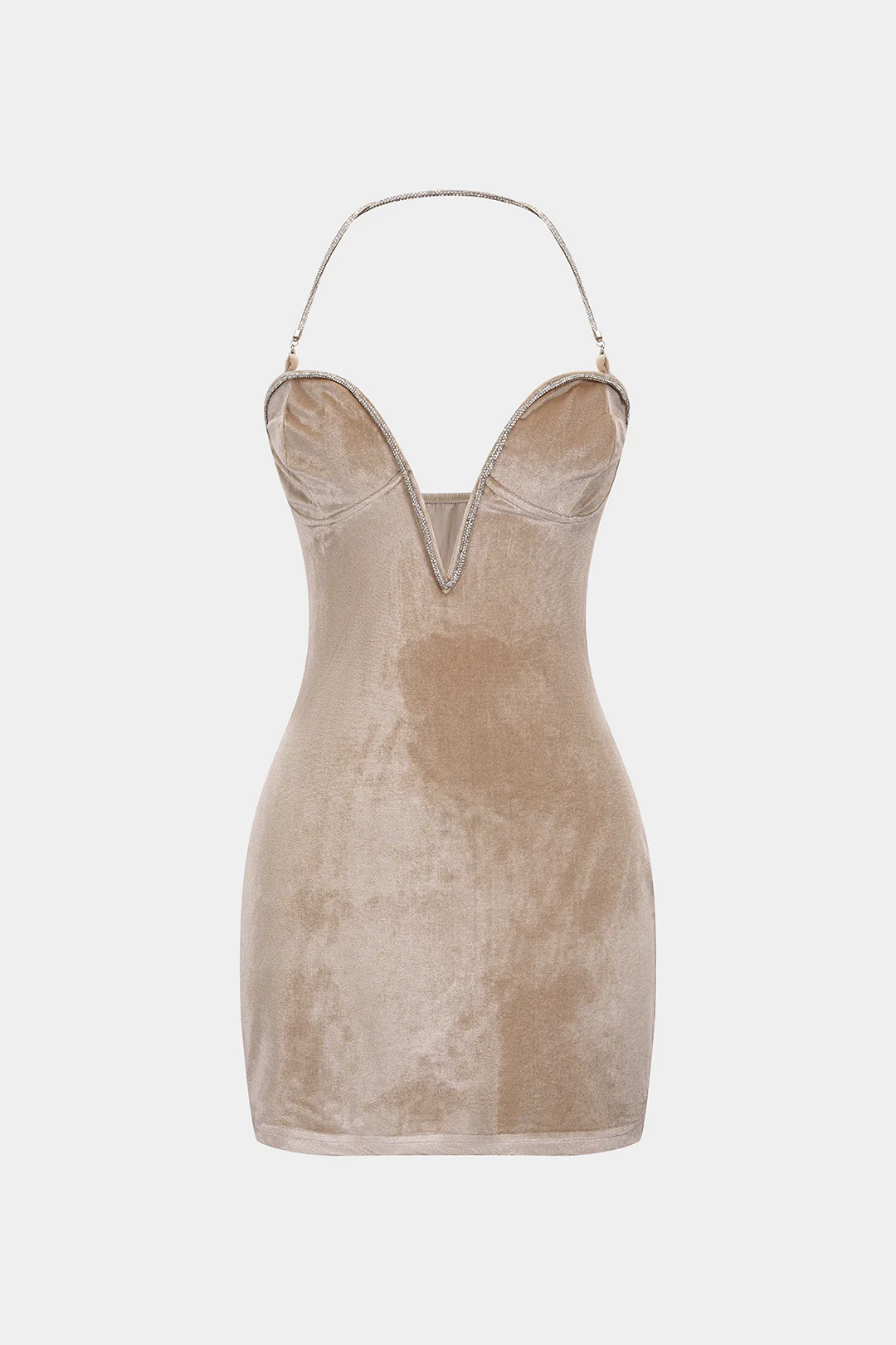 Velvet Halter V-Neck Rhinestone Decor Backless Sleeveless Mini Dress - Flockneti