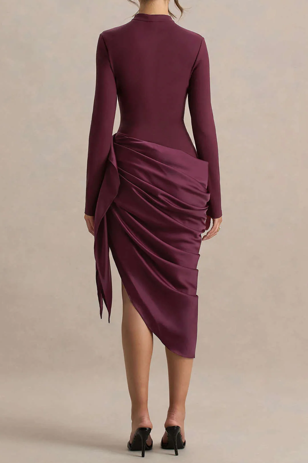 Satin Patchwork Ruched Asymmetrical Long Sleeve Midi Dress - Flockneti