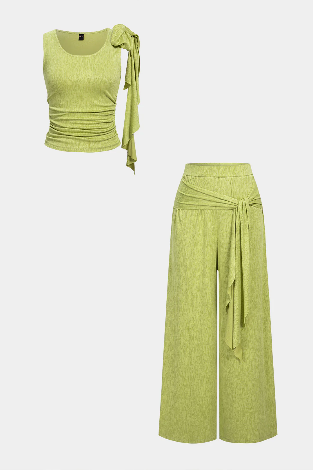 Round Neck Asymmetrical Ruched Tank Top And Knotted Wide Leg Pants Set - Flockneti