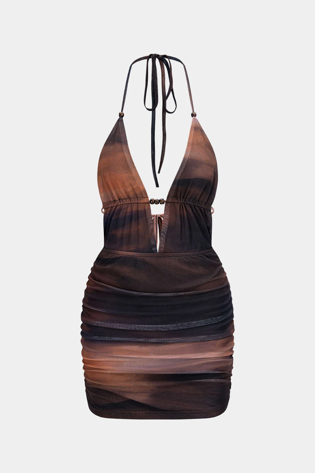 Tie Dye Print Mesh Halter Deep V-Neck Tie-Up Sleeveless Mini Dress - Flockneti