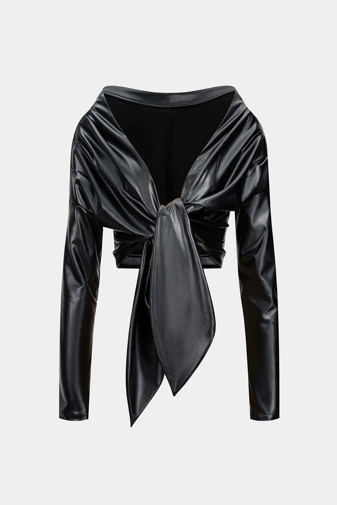 Faux Leather Tie Front Ruched Long-Sleeve Shirt - Flockneti