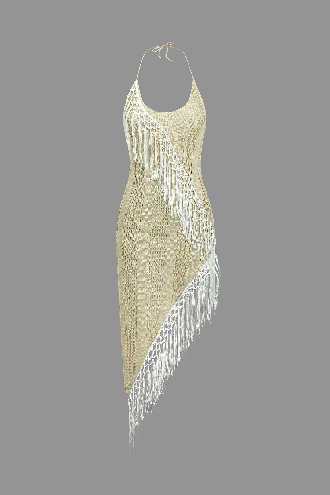 Halter Neck Fringe Backless Asymmetrical Sleeveless Maxi Dress - Flockneti