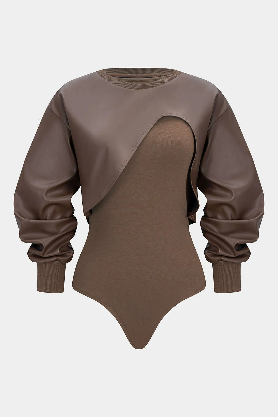 Faux Leather Patchwork Round Neck Asymmetrical Long Sleeve Bodysuit - Flockneti