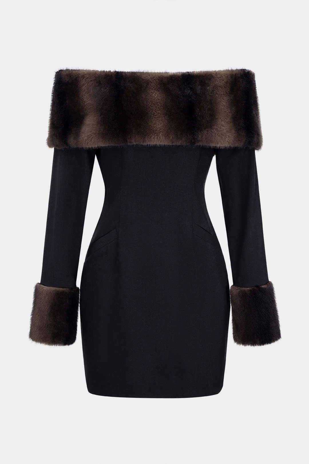 Off Shoulder Faux Fur Patchwork Long Sleeve Mini Dress - Flockneti