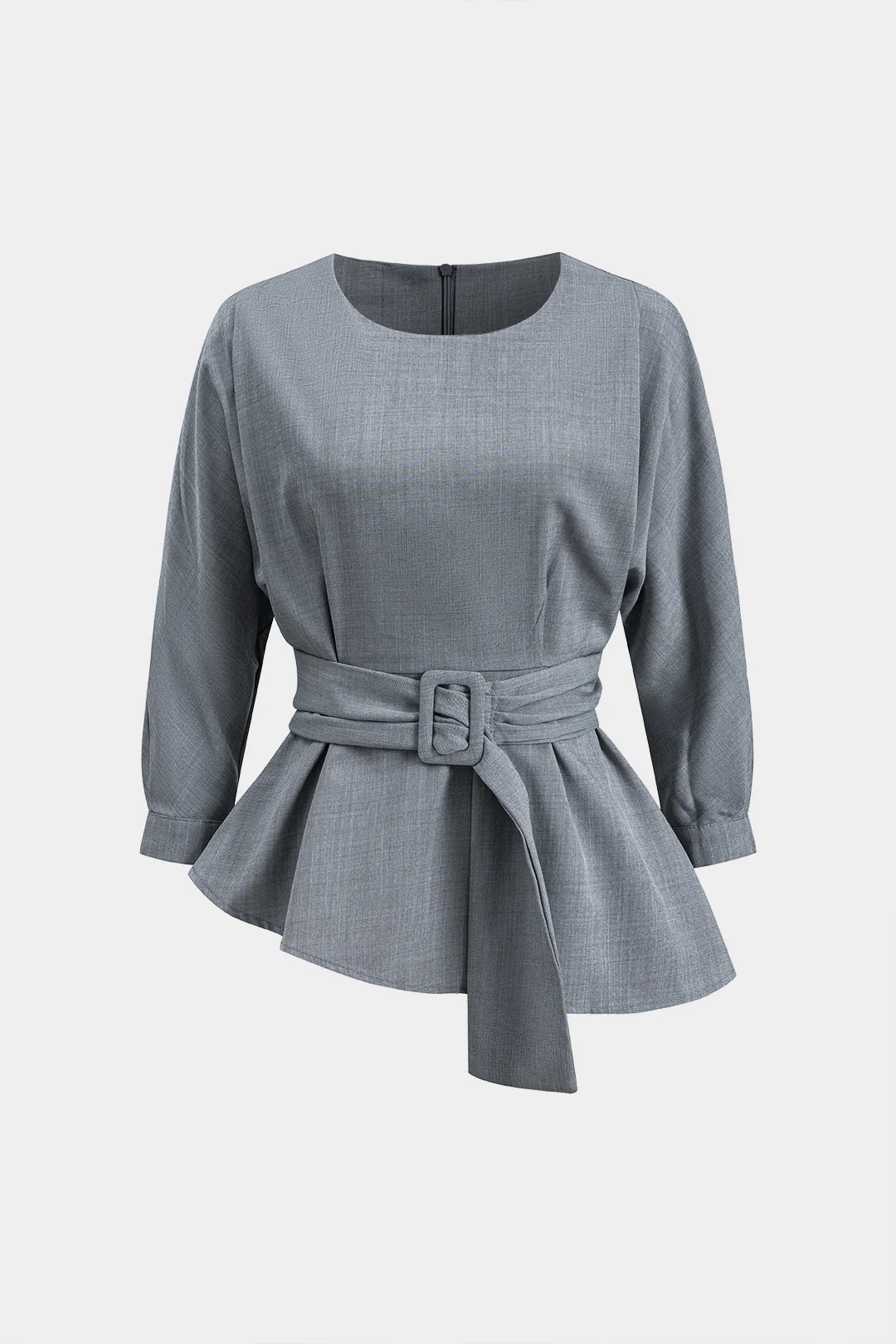 Round Neck Ruched Belted Long-Sleeve Shirt - Flockneti