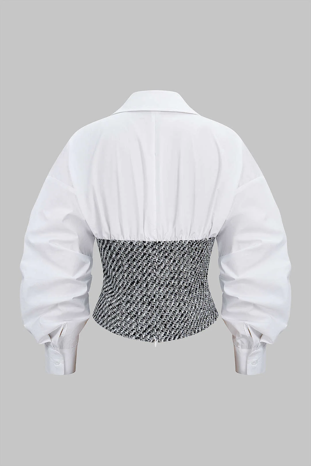 Tweed Patchwork Asymmetrical Gigot Long-Sleeve Shirt - Flockneti