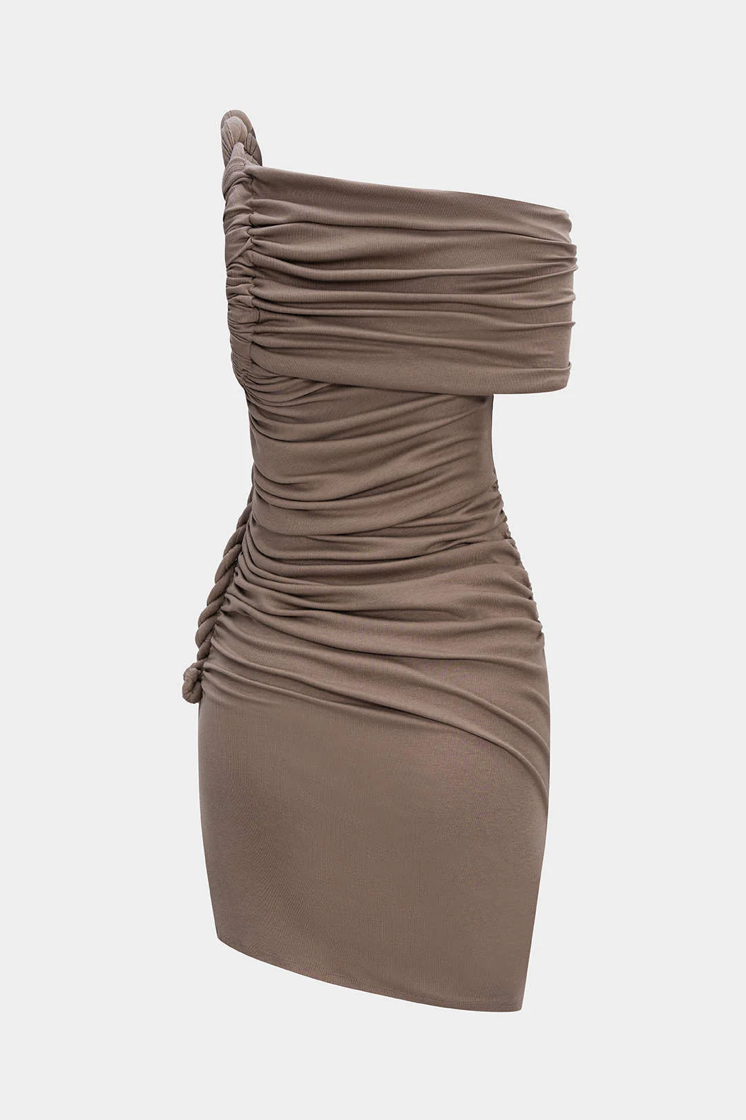 Ruched Twist Knot One Shoulder Short Sleeve Mini Dress - Flockneti
