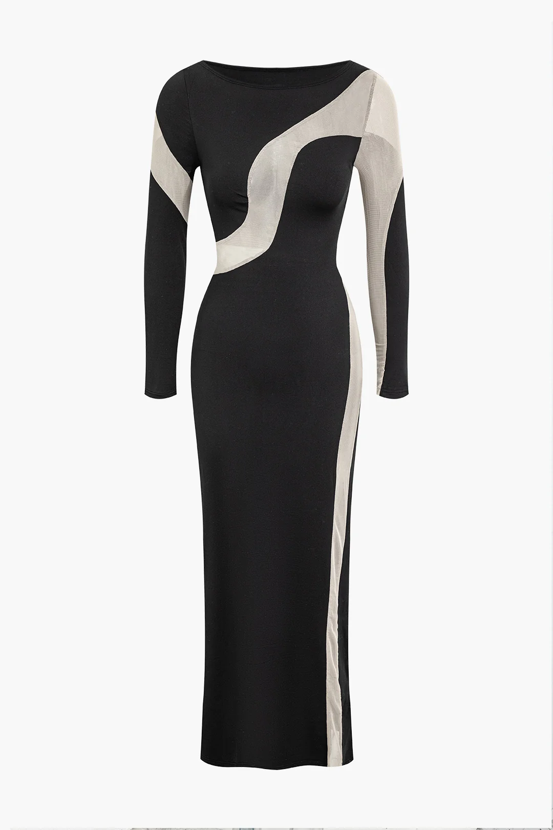 Mesh Contrast Round Neck Long Sleeve Maxi Dress - Flockneti