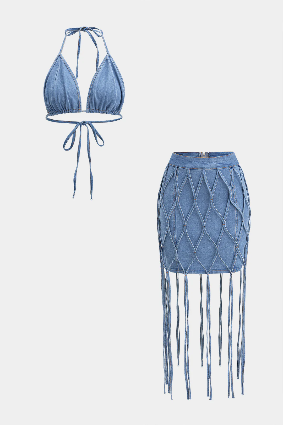 Denim Bra Top And Tie-Up Skirt Set - Flockneti