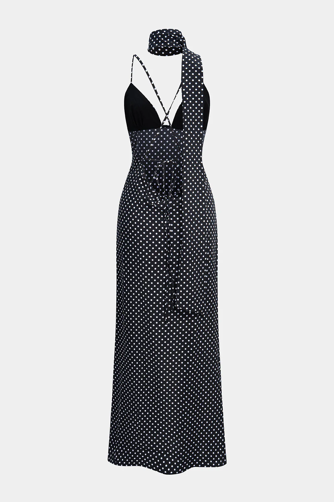 Polka Dots Print Crossed Tie Up Backless Slip Sleeveless Maxi Dress With Scarf - Flockneti