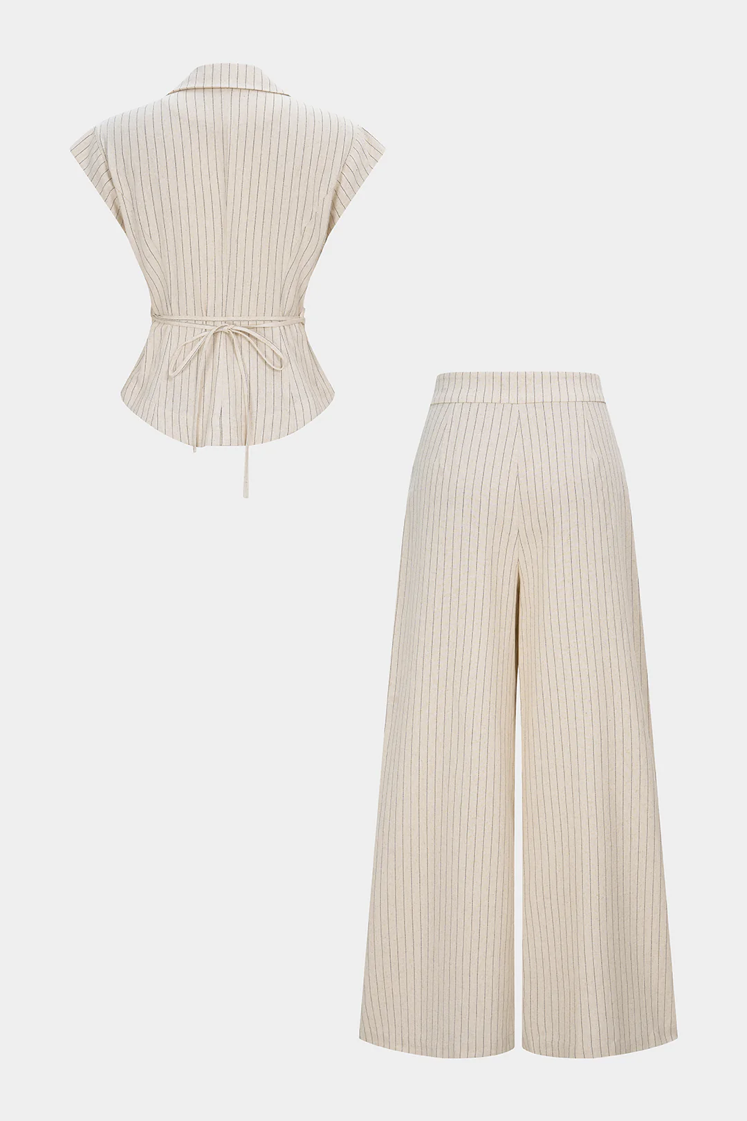 Stripes Print Linen Notched Lapel Tie Back Blazer And Wide Leg Pants Set - Flockneti