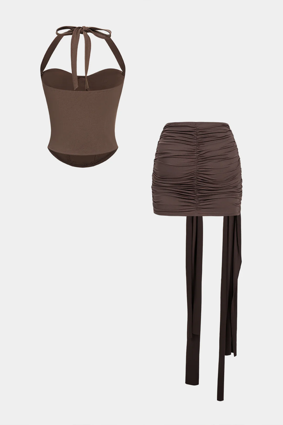 Halter Tie Back Sleeveless Top And Asymmetrical Ruched Skirt Set - Flockneti
