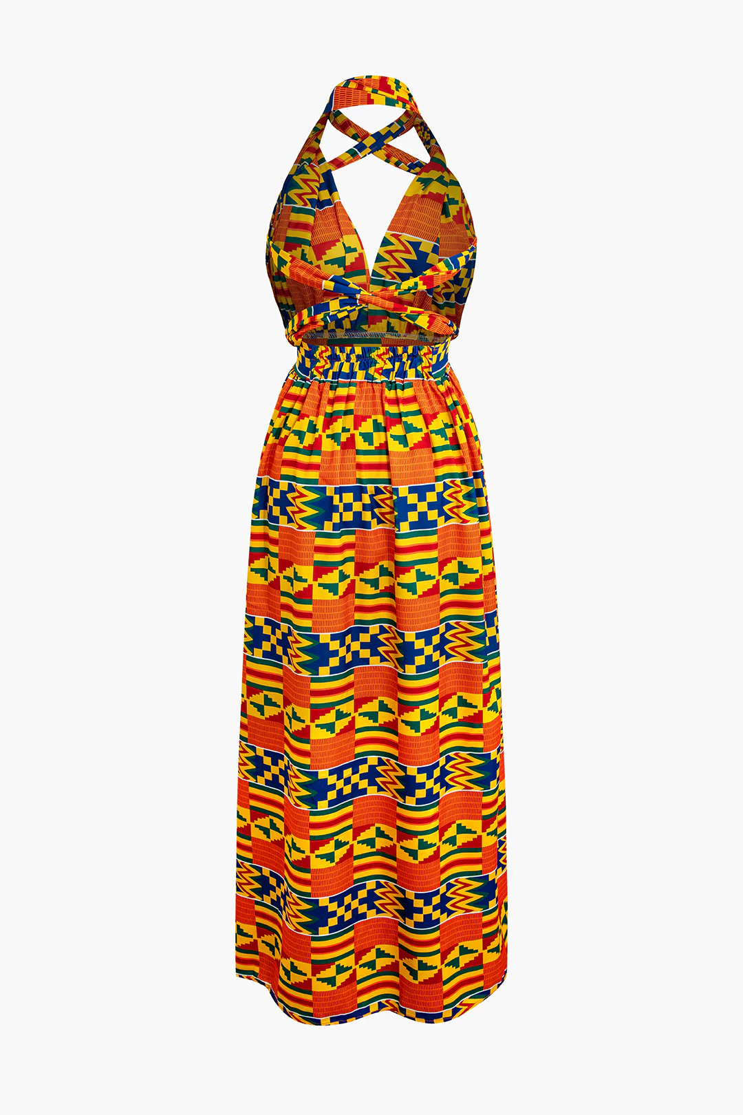 Geometric Print Backless Tie-Up Slit Sleeveless Maxi Dress - Flockneti