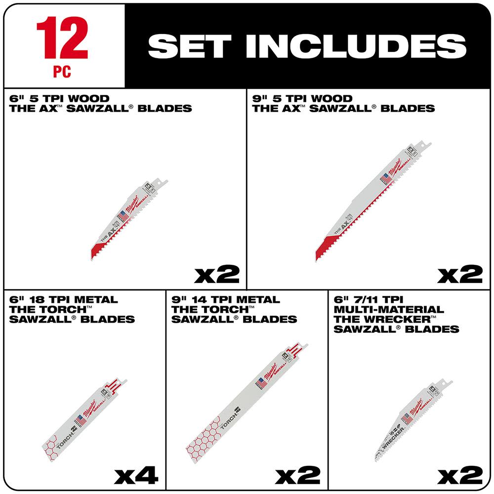 Milwaukee 12-Piece SAWZALL Blade Set - Flockneti