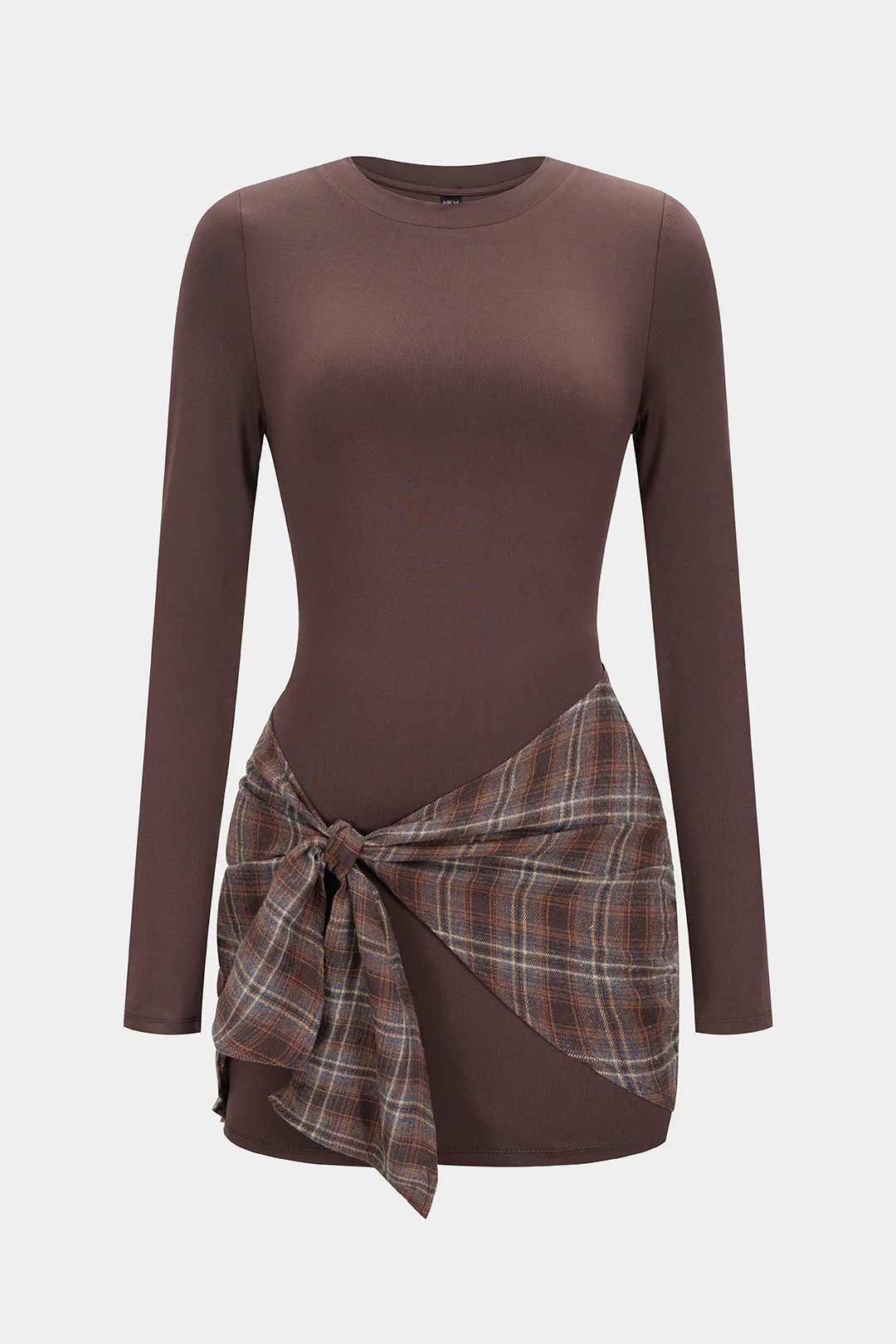 Plaid Print Patchwork Tie Front Long Sleeve Mini Dress - Flockneti