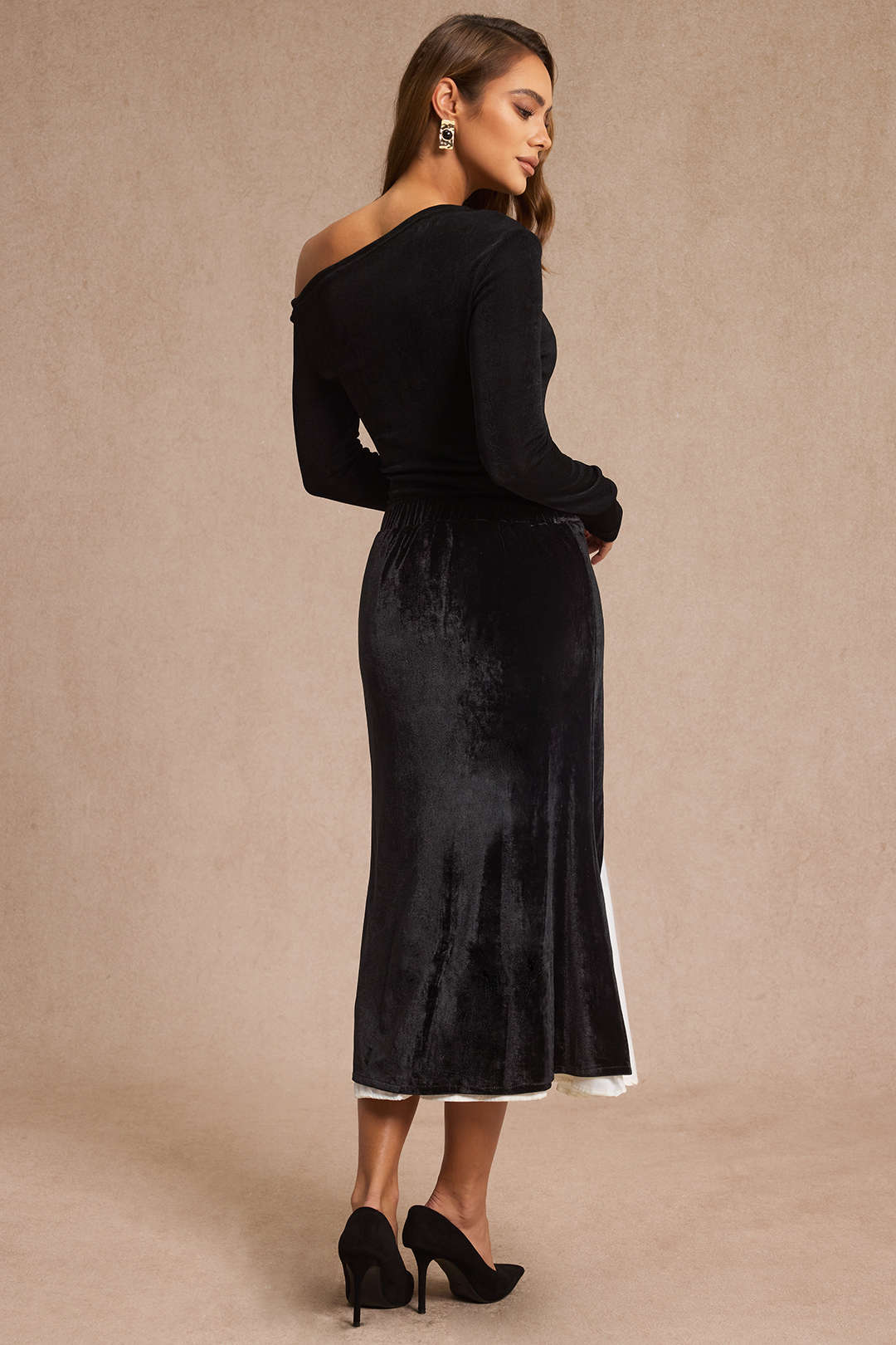 Velvet Patchwork Asymmetrical High Waist Skirt - Flockneti