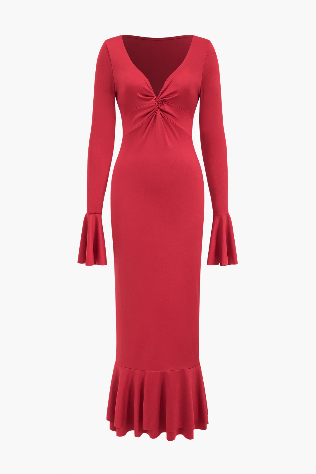 V-Neck Twist Knot Ruched Ruffle Long Sleeve Maxi Dress - Flockneti