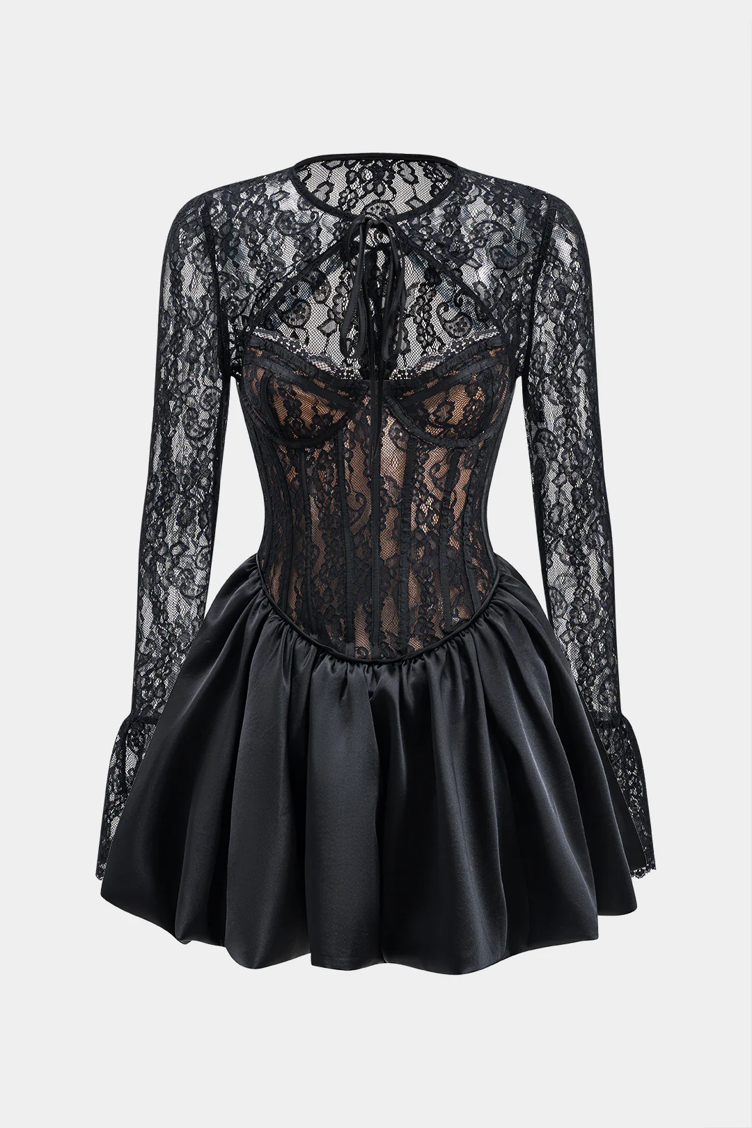 Satin Lace Tie Up puff Hem  Long Sleeve Mini Dress - Flockneti