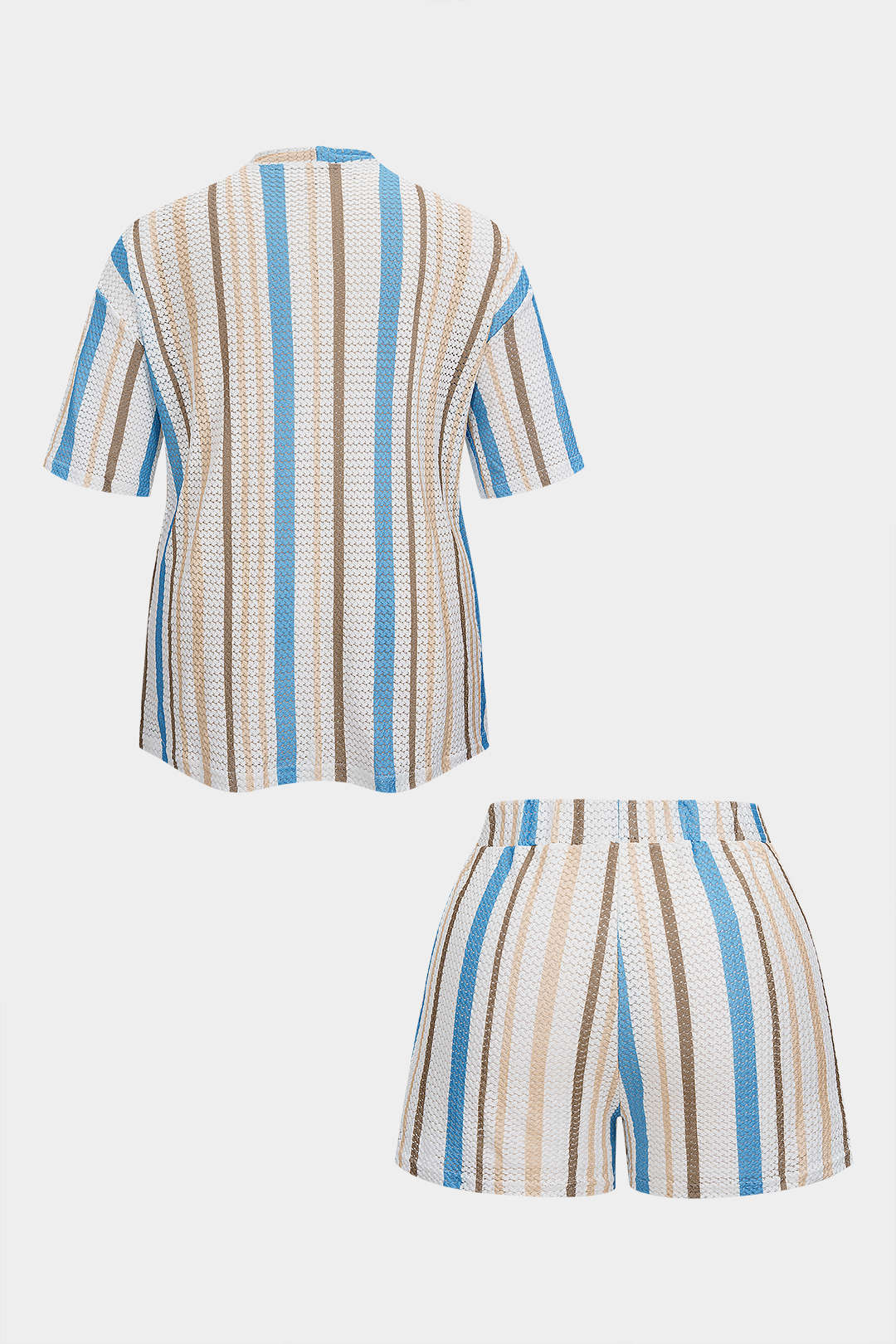 Plus Size Stripes Print V-Neck Short Sleeve Top And Drawstring Shorts Set - Flockneti
