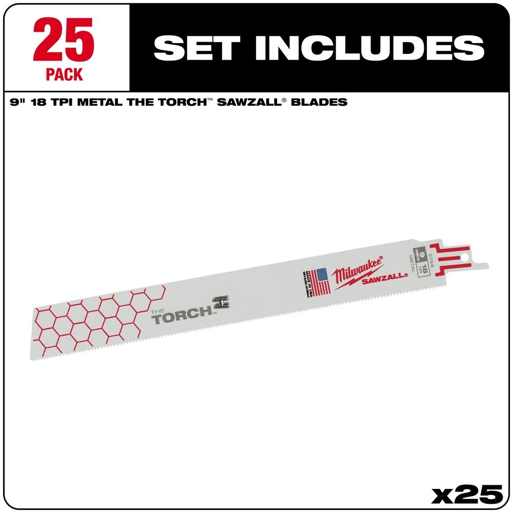 Milwaukee 9 in. 18 TPI THE TORCH SAWZALL Blade 25PK - Flockneti