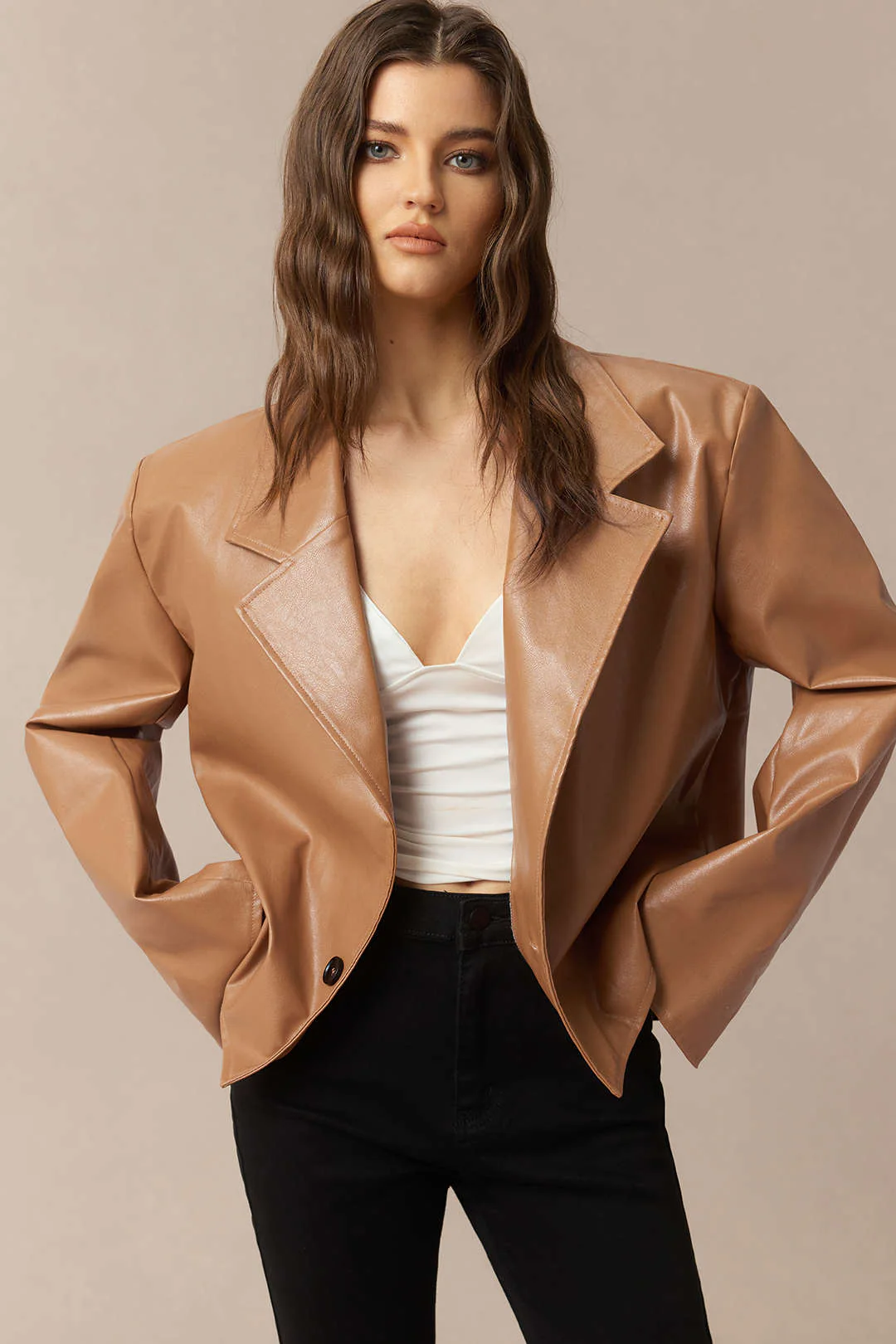 Faux Leather Notched Lapel Jacket - Flockneti