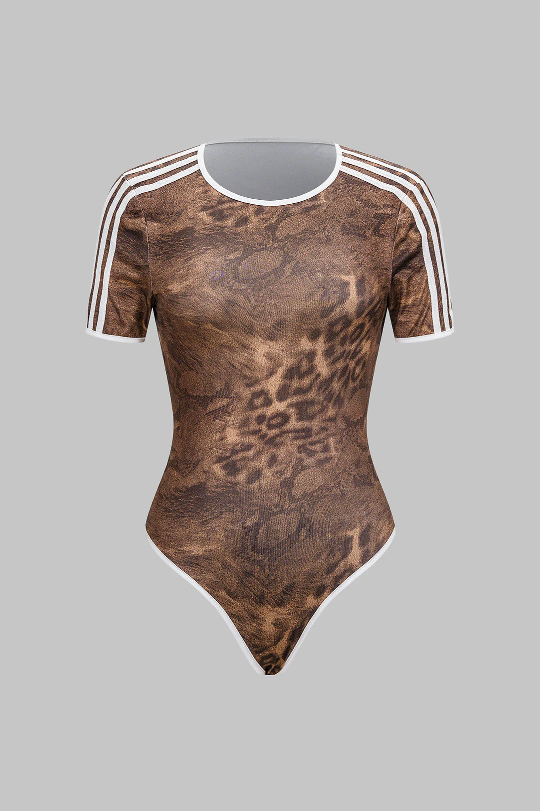 Leopard Stripes Print Round Neck Short Sleeve Bodysuit - Flockneti
