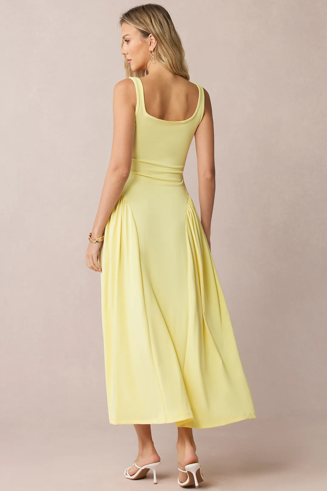 Square Neck Ruched Sleeveless Midi Dress - Flockneti