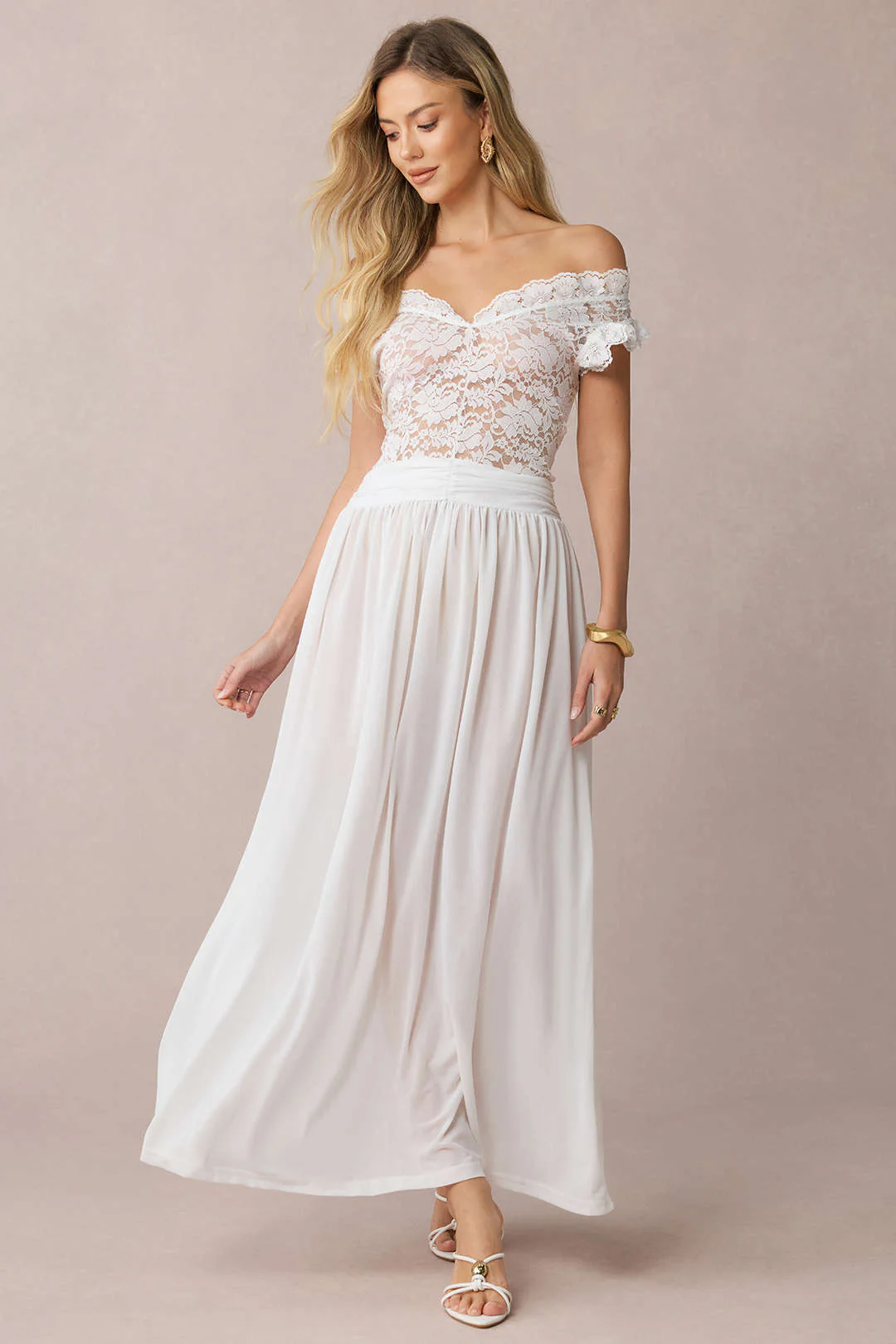 Sheer Lace Patchwork Off-Shoulder Ruched Sleeveless Midi Dress - Flockneti