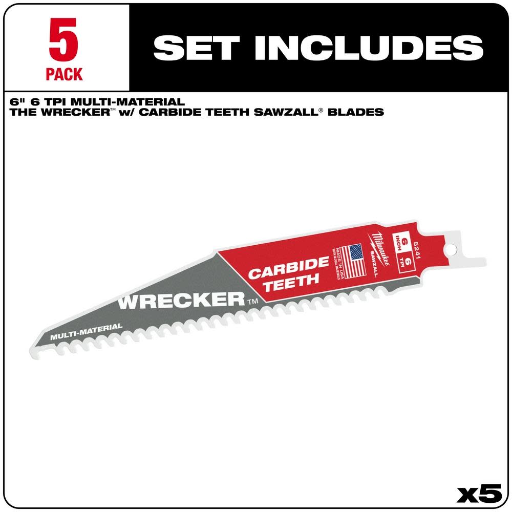 Milwaukee 6″ 6 TPI THE WRECKER with Carbide Teeth SAWZALL Blade 5PK - Flockneti