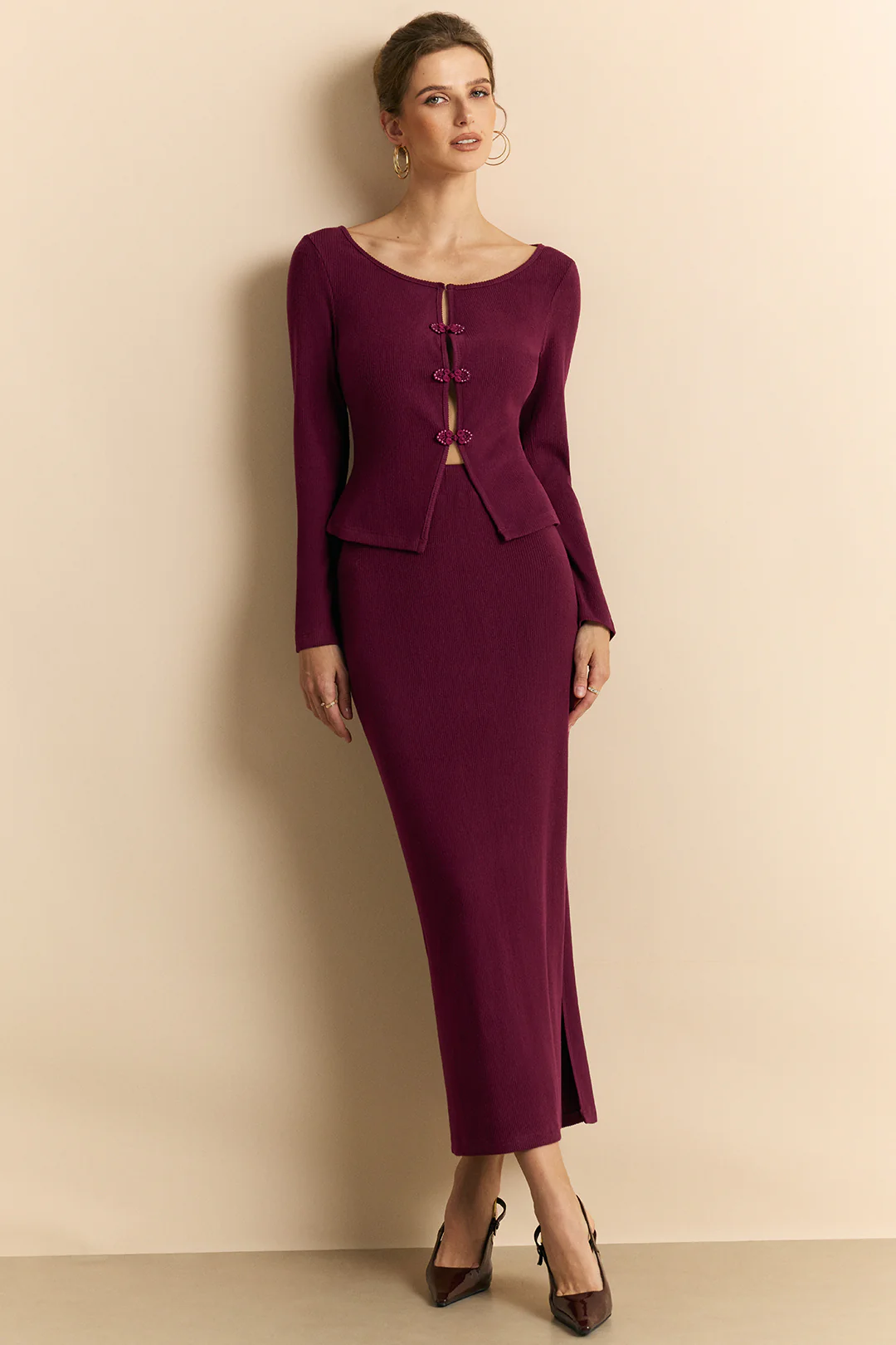 Knit Frog Button Long-Sleeve Top And Skirt Set - Flockneti