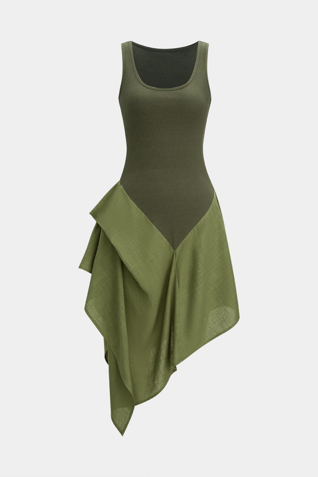 Linen Patchwork Ruched Asymmetrical Sleeveless Maxi Dress - Flockneti