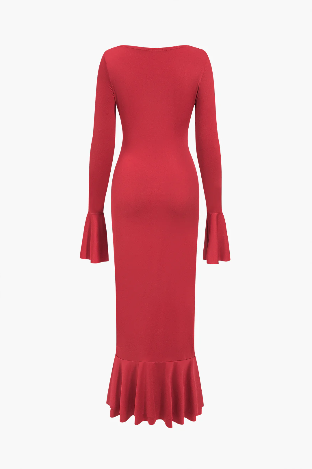 V-Neck Twist Knot Ruched Ruffle Long Sleeve Maxi Dress - Flockneti