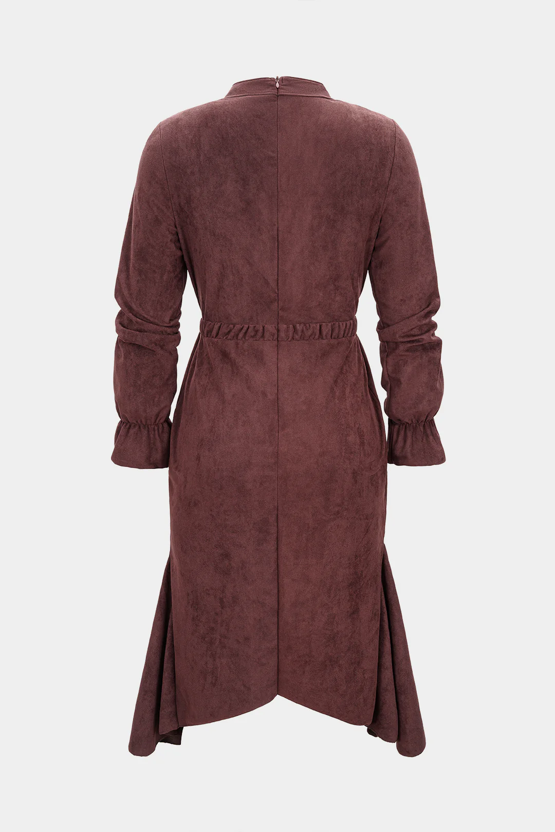 Suede Drawstring Zipper Long Sleeve Midi Dress - Flockneti
