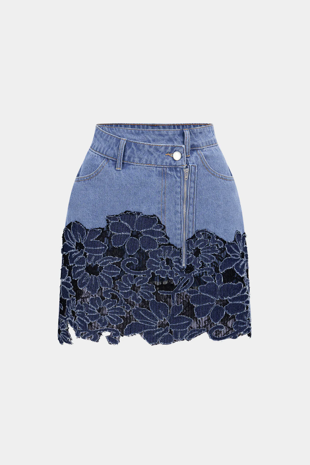 Denim Patchwork Asymmetrical Zipper Frayed Skirt - Flockneti